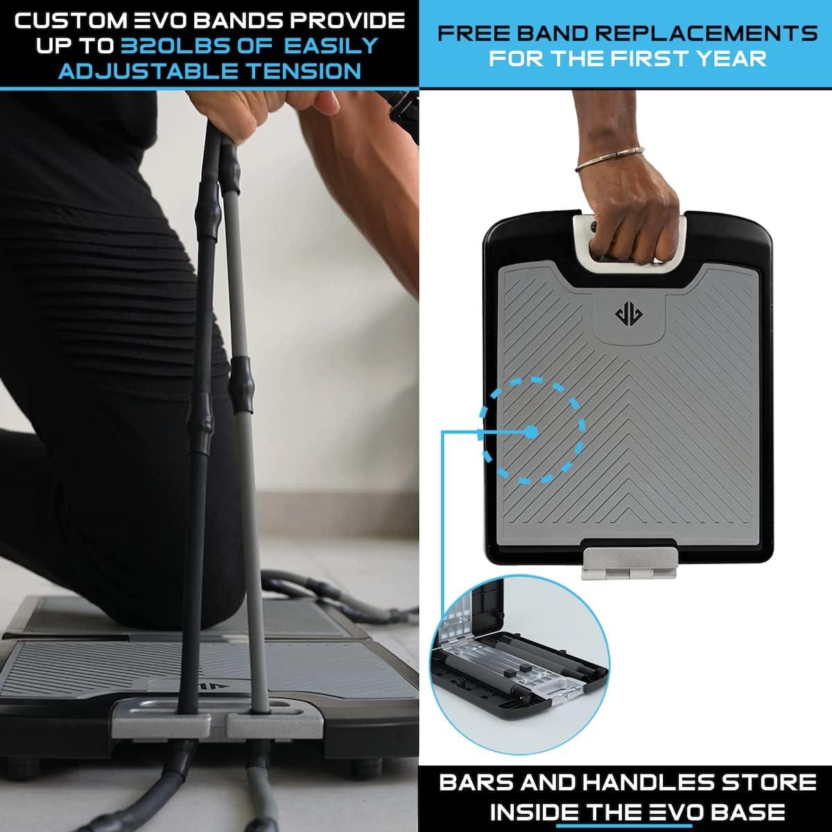 EVO Gym - Portable Home Gym Strength Training Equipment, at Home Gym | All in One Gym - Resistance Bands, Base Holds Gym Bar  Handles for Travel | Portable Gym  Home Exercise Equipment