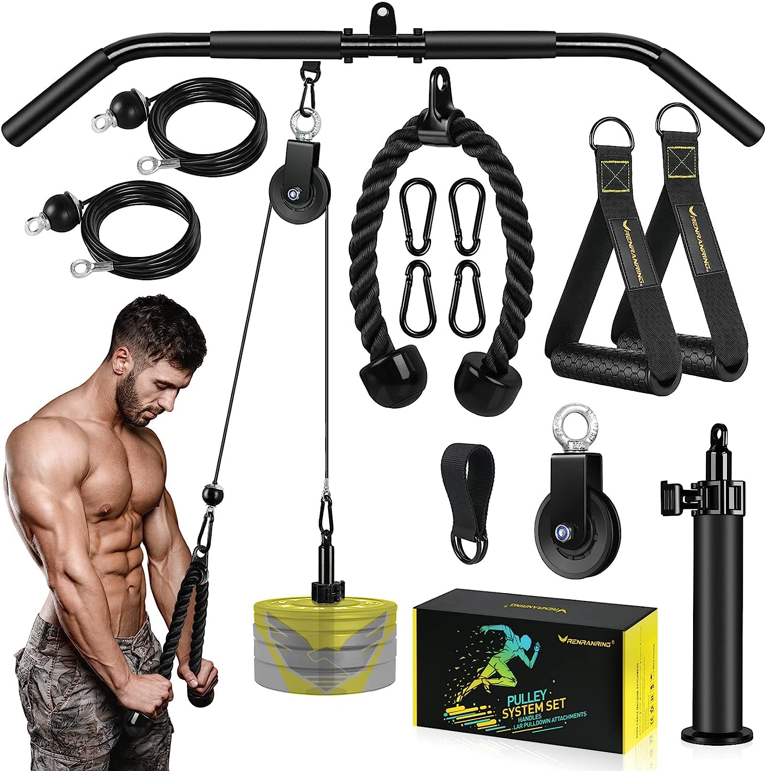 Fitness LAT and Lift Pulley System Gym - Upgraded LAT Pull Down Cable Machine Attachments, Loading Pin, Handle and Tricep Rope, for Biceps Curl, Forearm, Triceps Exercise Gym Equipment