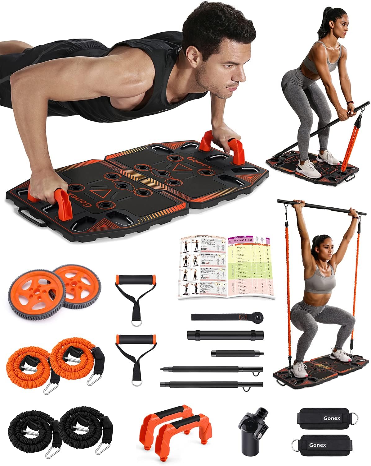 Gonex Portable Home Gym Workout Equipment with 14 Exercise Accessories Ab Roller Wheel,Elastic Resistance Bands,Push-up Stand,Post Landmine Sleeve and More for Full Body Workouts System