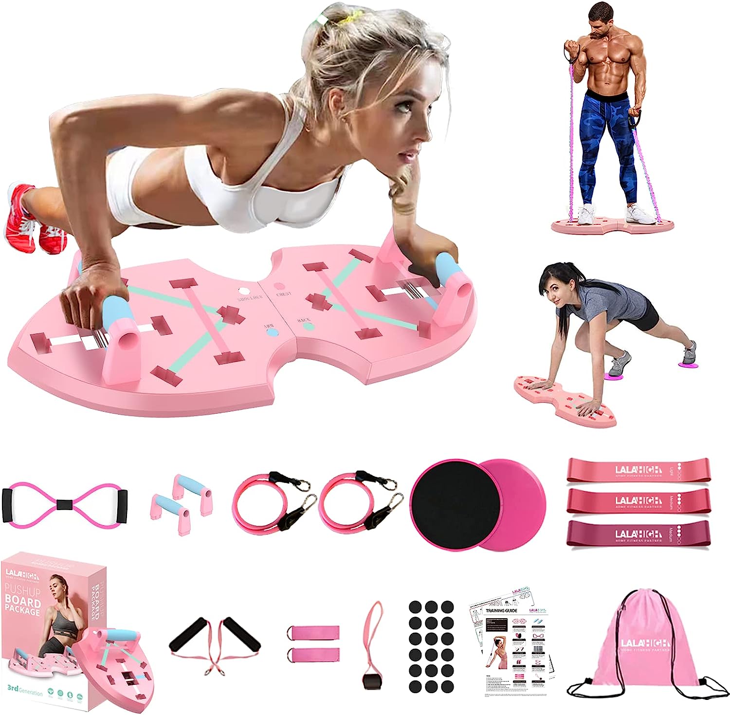 LALAHIGH Home Gym Equipment, Upgraded Push Up Board, 32 in 1 Home Workout Set with Foldable Push Up Bar, Resistance Bands, Core Sliders for Body Toning  Strength Training - Premium Pink Edition