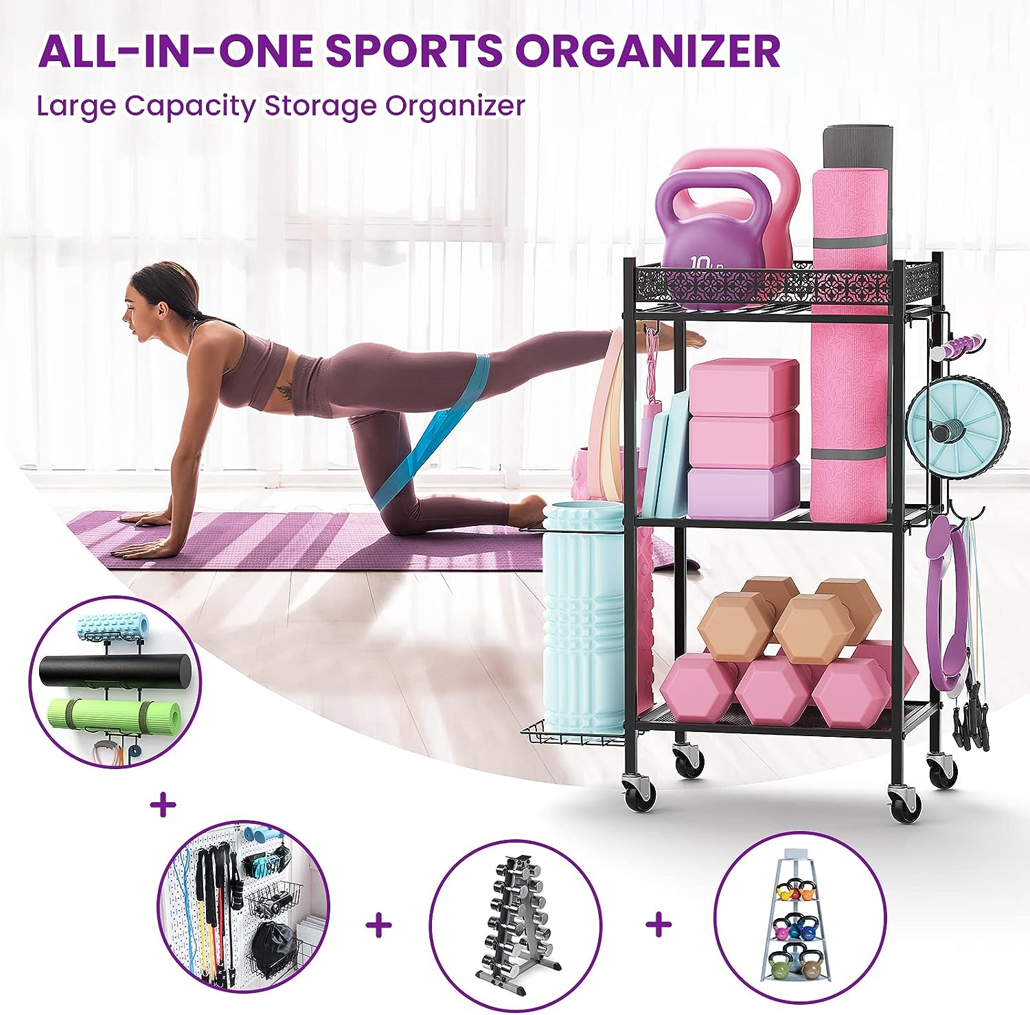 Yoga Mat Storage Rack, Home Gym Storage Rack Yoga Mat Holder, VOPEAK Workout Storage for Yoga Mat, Foam Roller, Gym Organizer Gym Equipment Storage for Home Exercise and Fitness Gear (Metal)