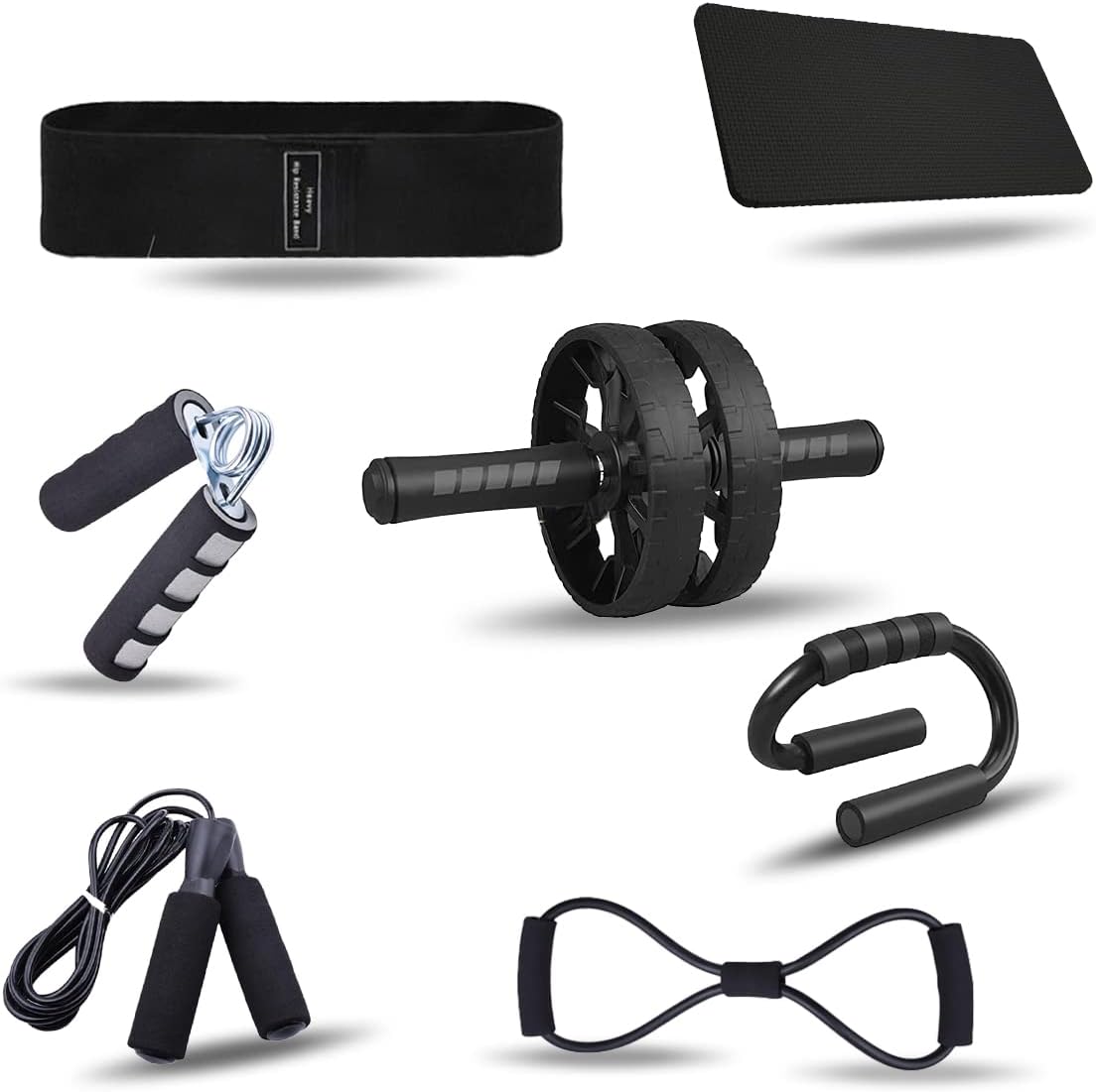 Gym Equipment for Home Workout Fitness Equipment, Abdominal Exercise, Ab Roller Set Kit with Push-Up Bar, hand exercisers Skipping Rope and Knee Pad Strength 7 in 1