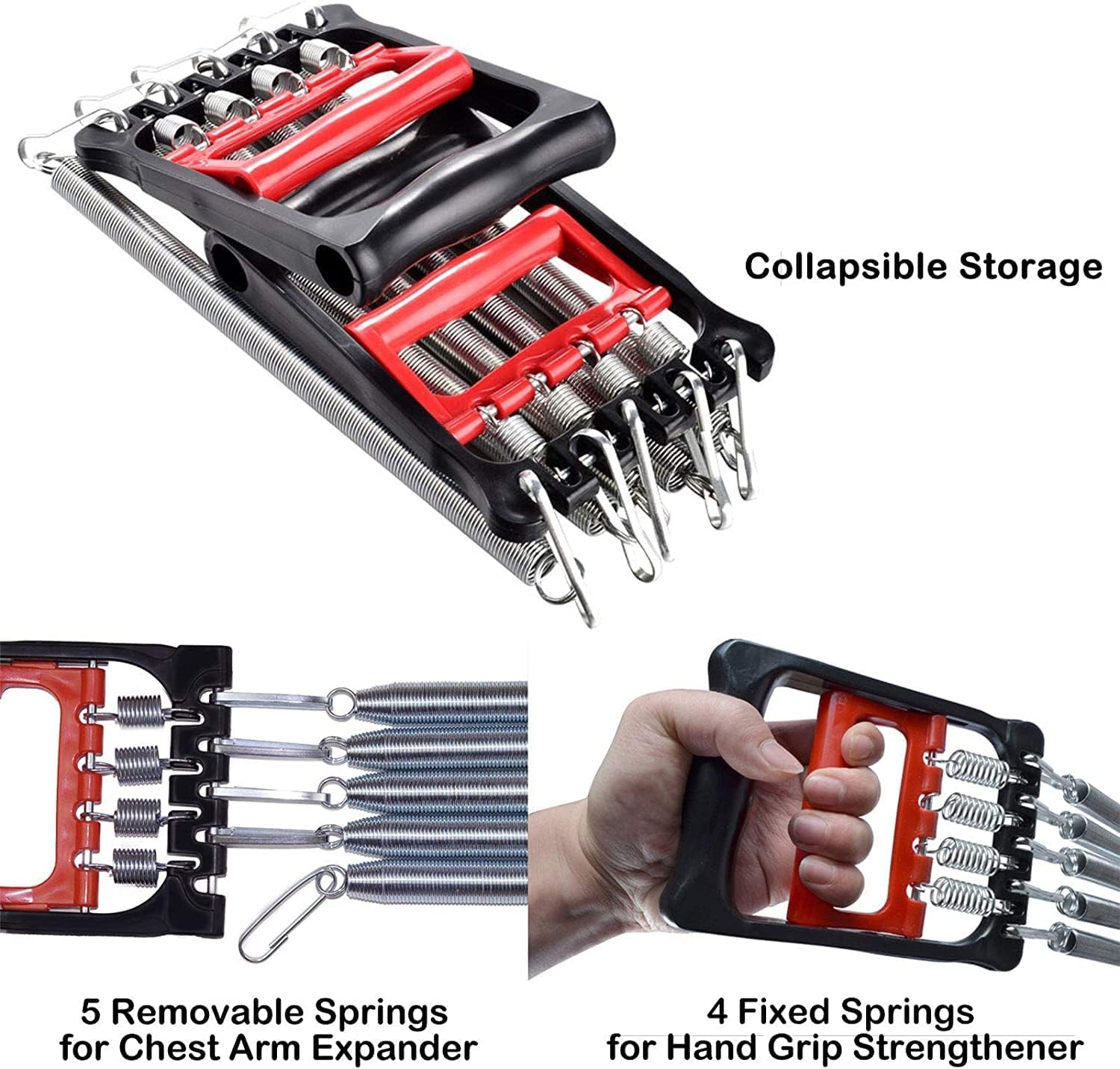 HighTech Go 3 in 1 Exerciser - Chest Expander, Hand Grip Strengthener, Pedal Pull Rope Band Home Fitness Equipment with 5 Metal Spring for Finger Abdomen Waist Arm Stretching Slimming Training, Black