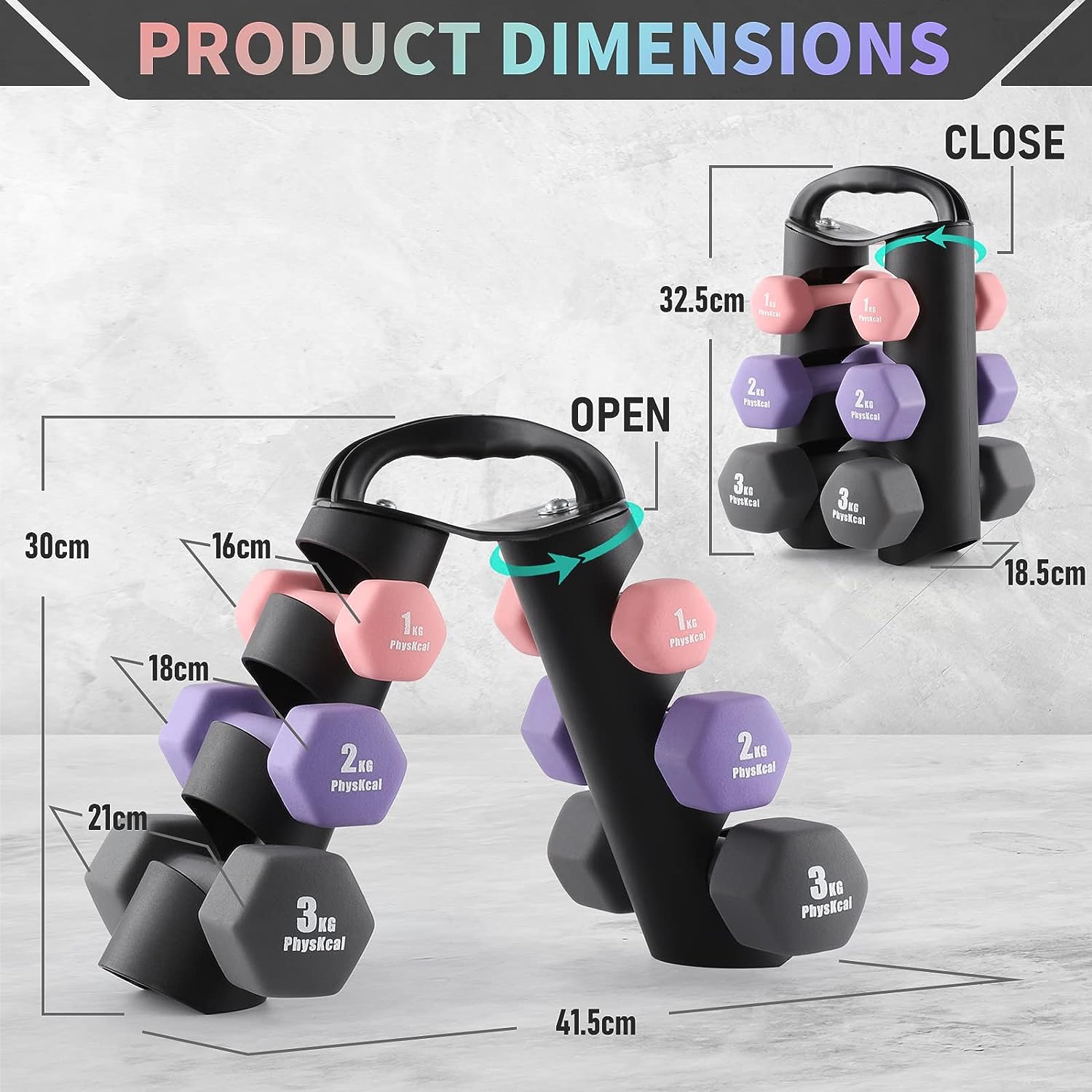 PhysKcal Dumbbells Set of 6 with Storage Stand, Hand Weights Set for Body Toning, Cardio, Strength Training at Home