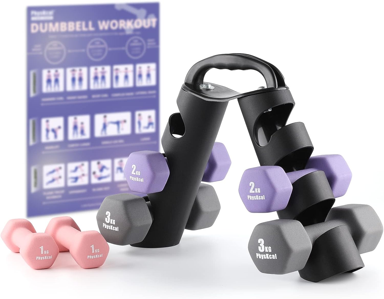 PhysKcal Dumbbells Set of 6 with Storage Stand, Hand Weights Set for Body Toning, Cardio, Strength Training at Home