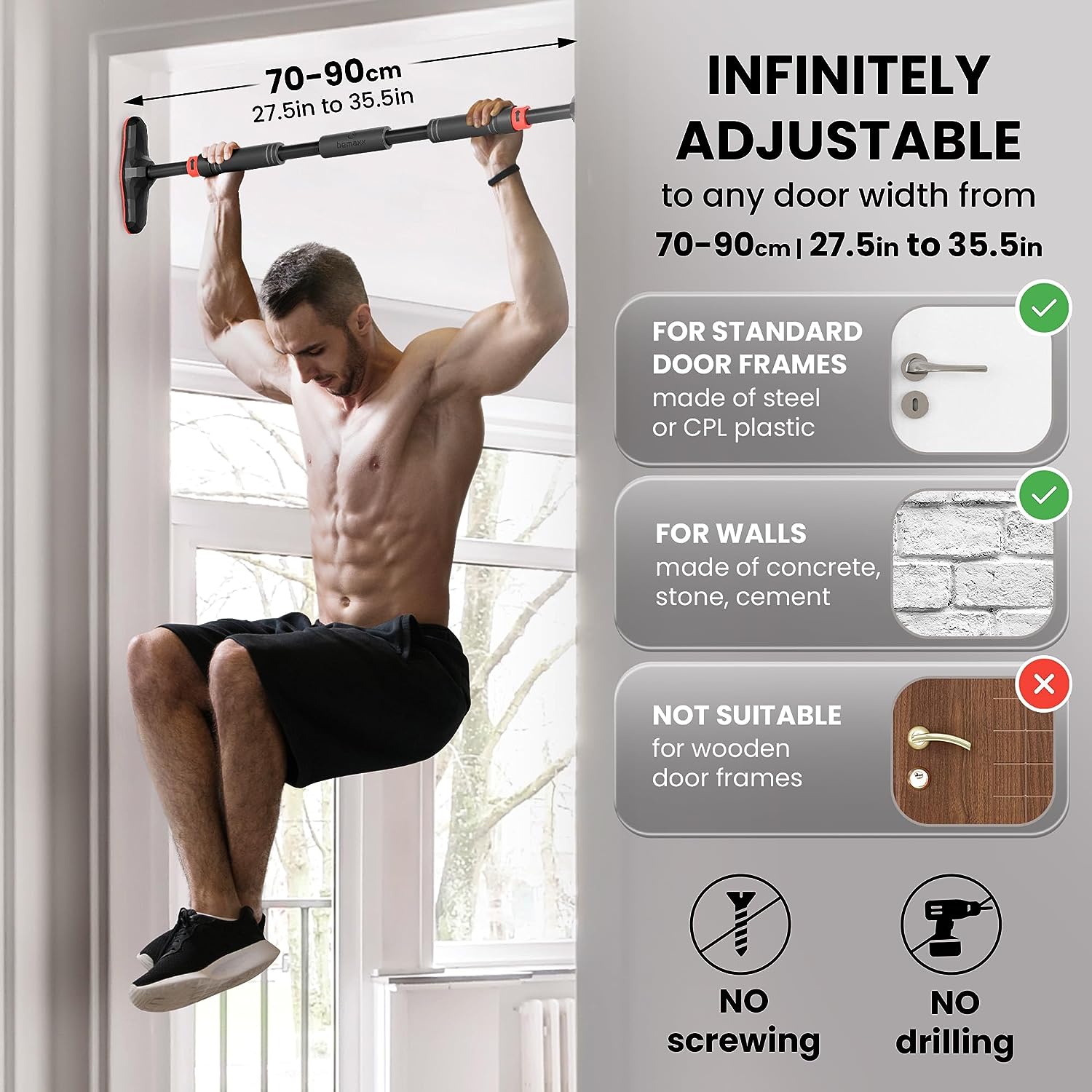 Pull Up Bar Door Frame NO Screws + Exercise E-Book | Professional Chin Up with Padded Handles | Extra Wide Dip Workout Bars for Hanging in Doorway at Home without Drilling, Indoor Mounted Gym Fitness