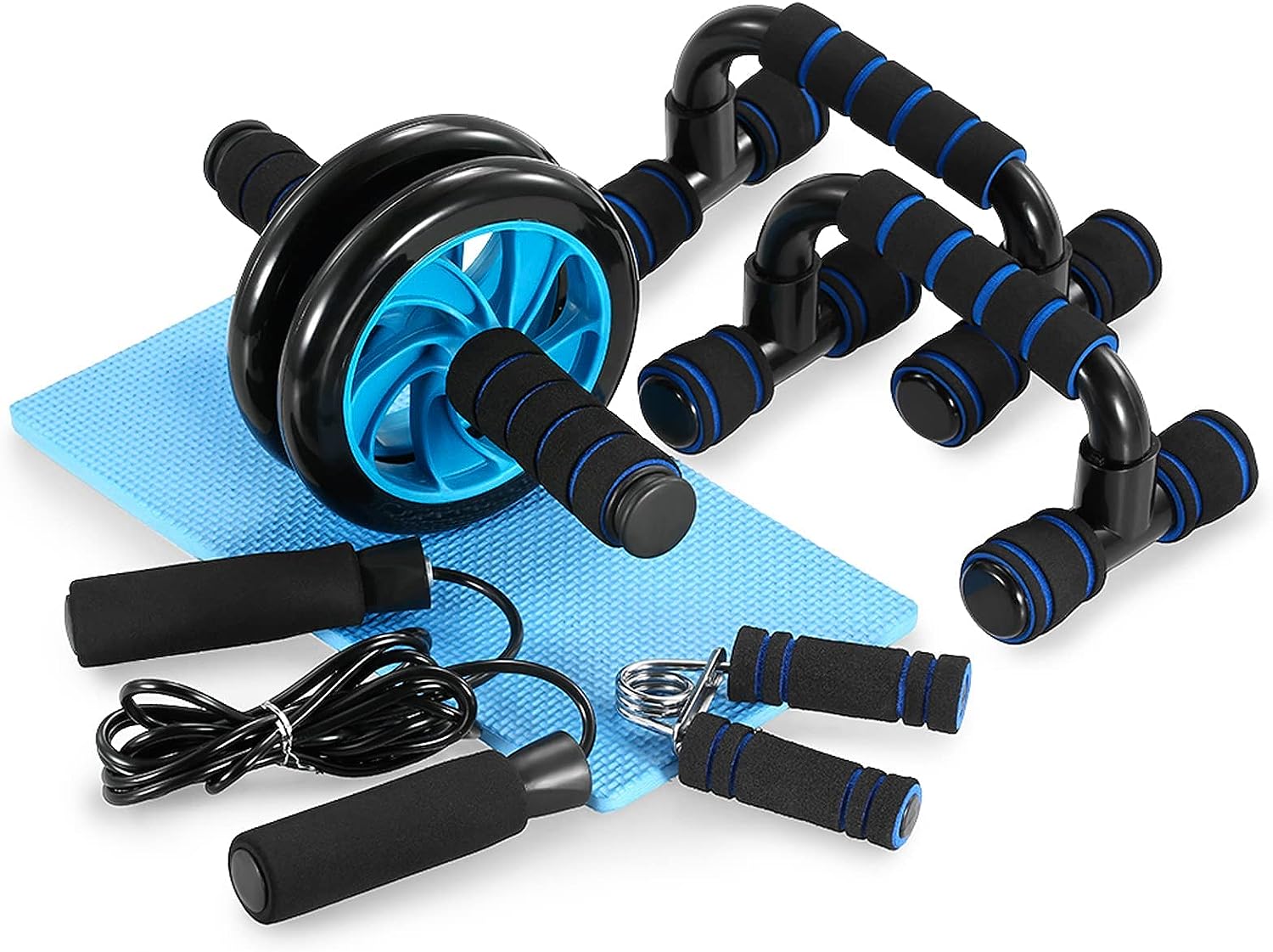 TOMSHOO 5-in-1 Abdominal Exercise Roller Set with Push-Up Bar, Gliding Discs，Skipping Rope and Knee Pad Strength Training Workout Fitness Equipment- Ab Trainer for Home and Gym